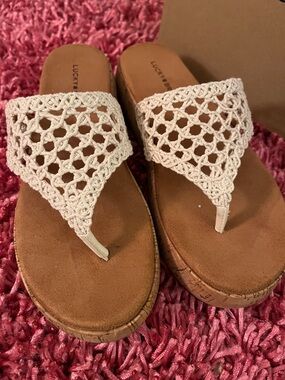 Lucky Brand Cream Crochet Platform Thong Sandals